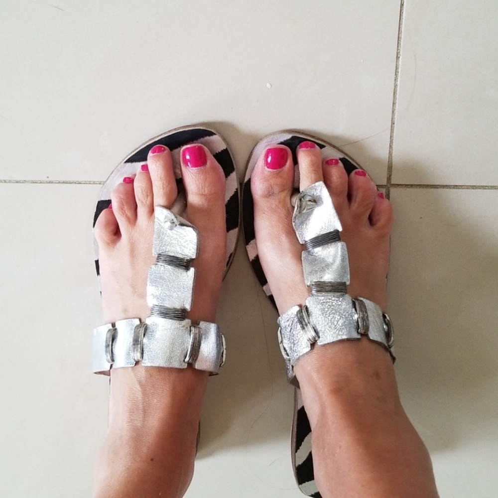 Zebra Metallic Silver Leather Flip Flops